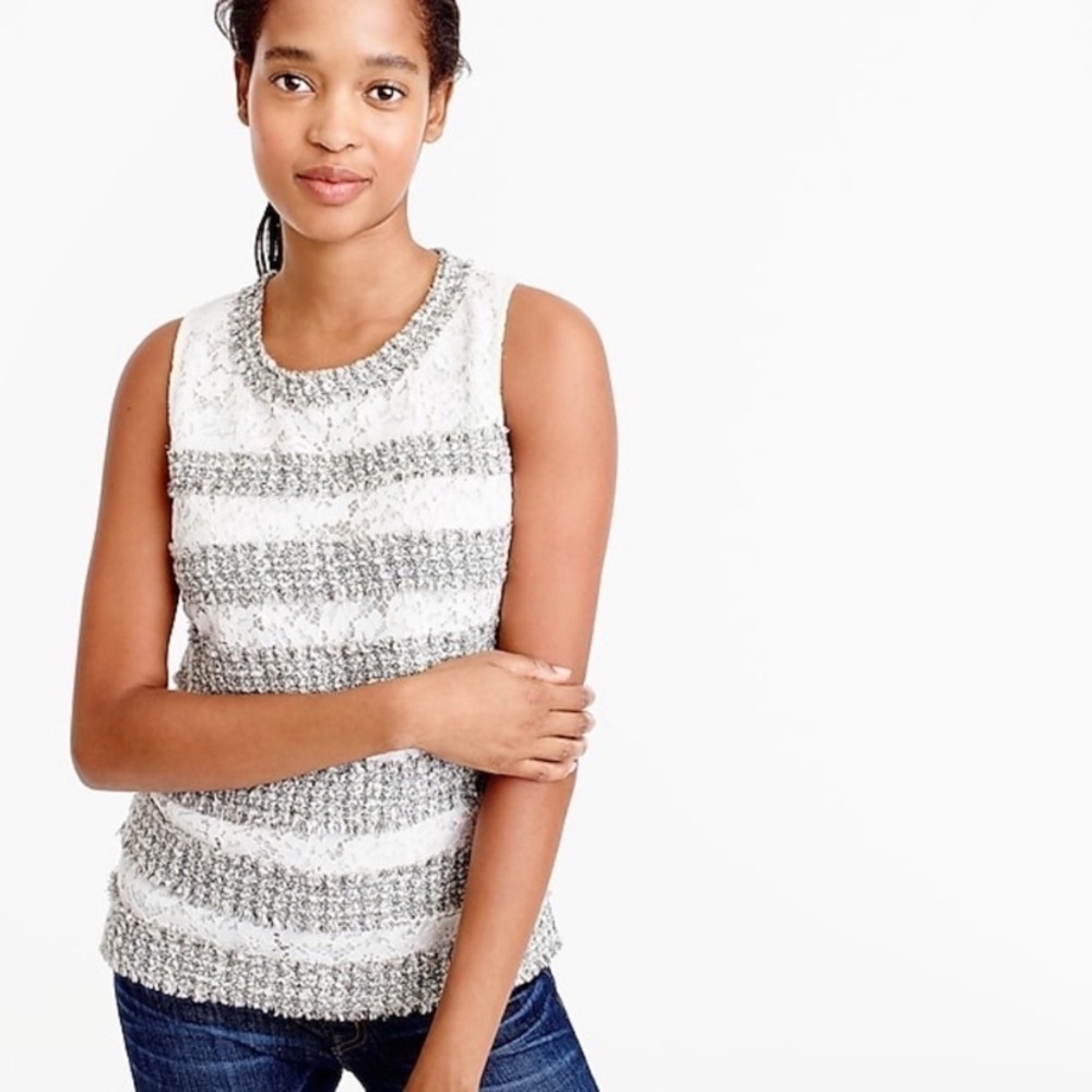 NWOT J. Crew Tweed & Lace Fringe Top